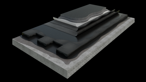 3D build-up of a technical roof woth Mastic asphalt