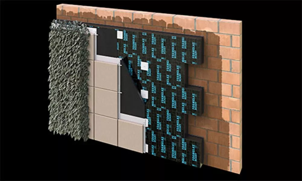 3D build-up of a ventilated green facade with plant rooted in the façade