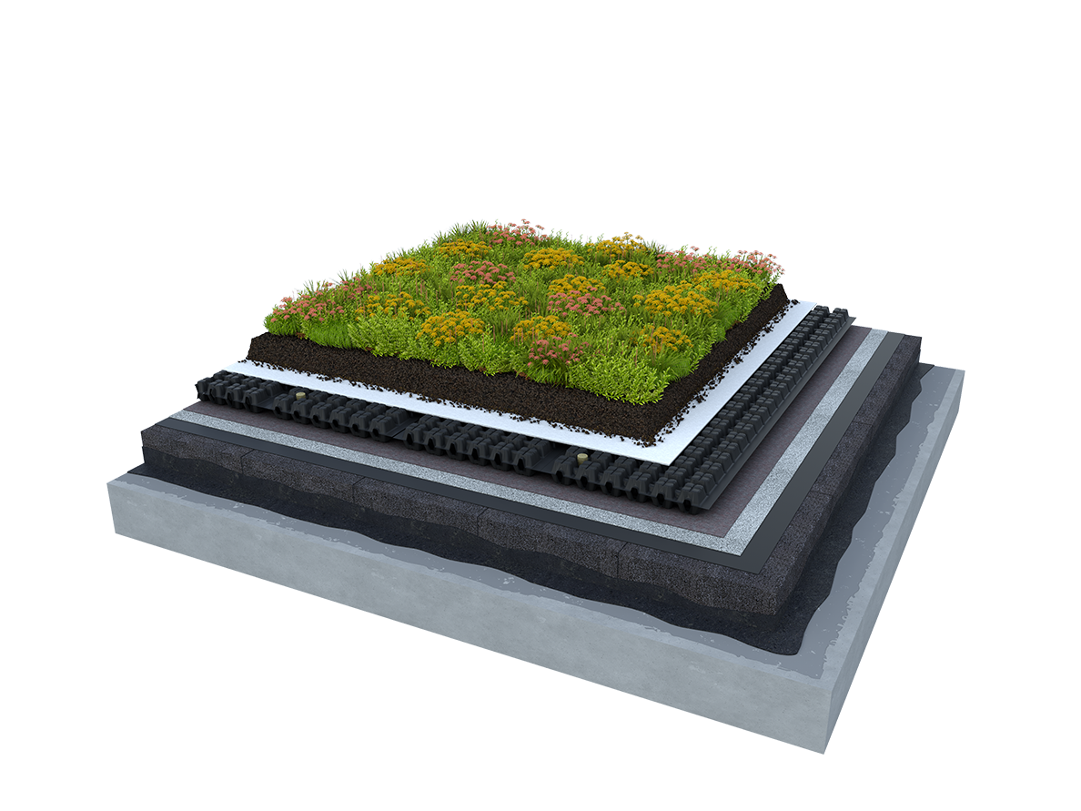 Optigrün-Wasser-Retentionsbox auf einem FOAMGLAS® KOMPAKTDACH