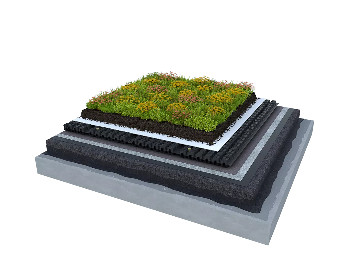 Optigrün-Wasser-Retentionsbox auf einem FOAMGLAS® KOMPAKTDACH