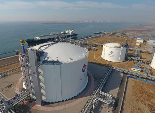 Aerial view of LNG tank with tank risers at LNG facility in Asia