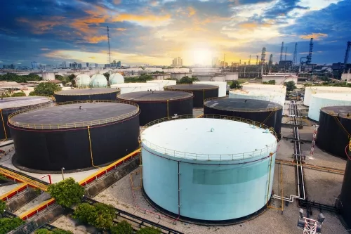 Multiple storage tanks at oil and gas processing plant