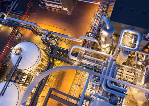 Sphere and piping system at petrochemical plant